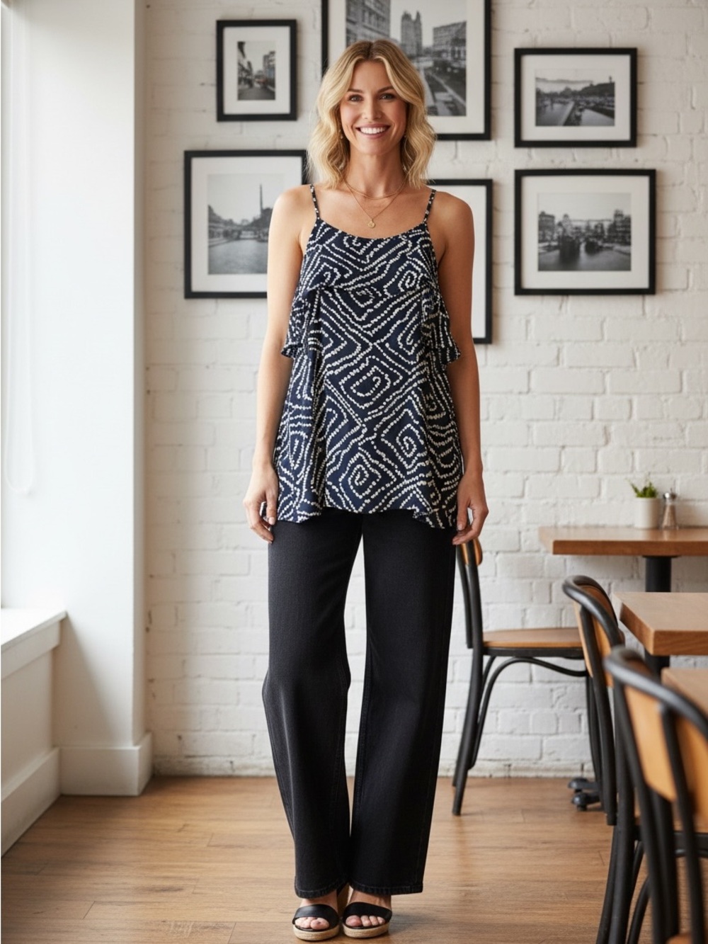 LOFT Outlet Tiered Ruffle Cami Navy Print Small